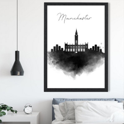 Artze Wall Art Manchester Watercolour Skyline City Framed Print Size: A2 With Black Frame from B&Q