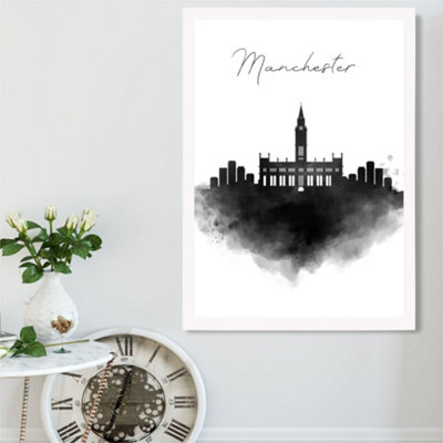 Artze Wall Art Manchester Watercolour Skyline City Framed Print Size: A2 With White Frame from B&Q