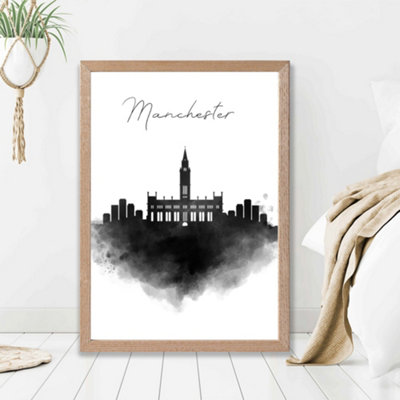 Artze Wall Art Manchester Watercolour Skyline City Framed Print Size: A2 With Oak Frame from B&Q