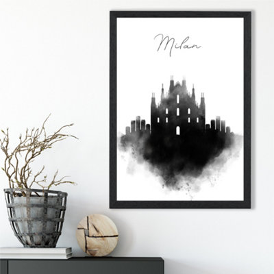Artze Wall Art Milan Watercolour Skyline City Framed Print Size: A3 With Black Frame from B&Q