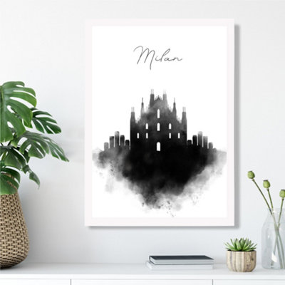 Artze Wall Art Milan Watercolour Skyline City Framed Print Size: A3 With White Frame from B&Q