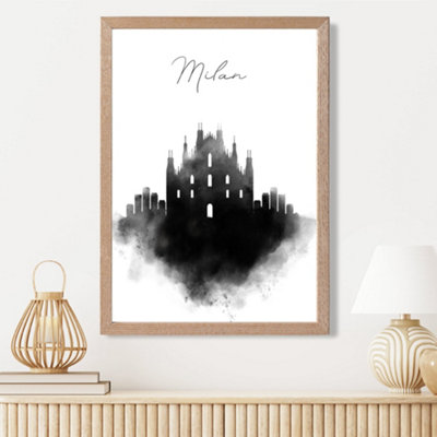 Artze Wall Art Milan Watercolour Skyline City Framed Print Size: A3 With Oak Frame from B&Q