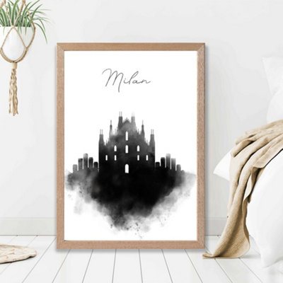 Artze Wall Art Milan Watercolour Skyline City Framed Print Size: A2 With Oak Frame from B&Q