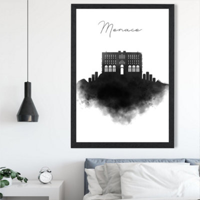 Artze Wall Art Monaco Watercolour Skyline City Framed Print Size: A2 With Black Frame from B&Q
