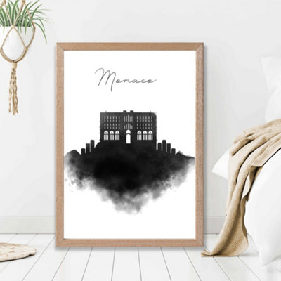 Artze Wall Art Monaco Watercolour Skyline City Framed Print Size: A2 With Oak Frame from B&Q