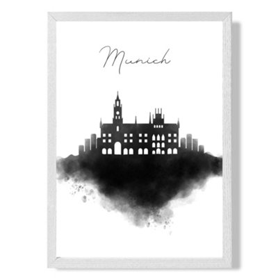 Artze Wall Art Munich Watercolour Skyline City Art Print With White Frame Size: A4 from B&Q