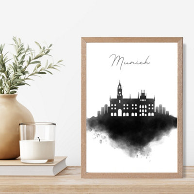 Artze Wall Art Munich Watercolour Skyline City Framed Print Size: A4 With Oak Frame from B&Q