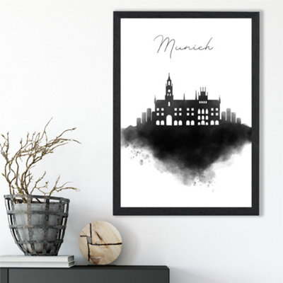 Artze Wall Art Munich Watercolour Skyline City Framed Print Size: A3 With Black Frame from B&Q