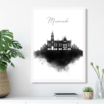 Artze Wall Art Munich Watercolour Skyline City Framed Print Size: A3 With White Frame from B&Q