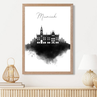 Artze Wall Art Munich Watercolour Skyline City Framed Print Size: A3 With Oak Frame from B&Q