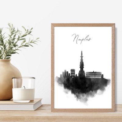 Artze Wall Art Naples Watercolour Skyline City Framed Print Size: A4 With Oak Frame from B&Q