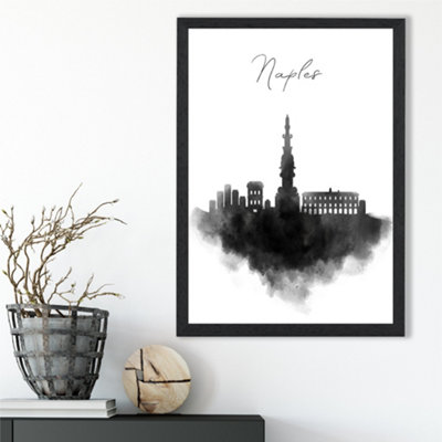 Artze Wall Art Naples Watercolour Skyline City Framed Print Size: A3 With Black Frame from B&Q