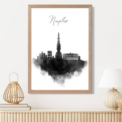 Artze Wall Art Naples Watercolour Skyline City Framed Print Size: A3 With Oak Frame from B&Q