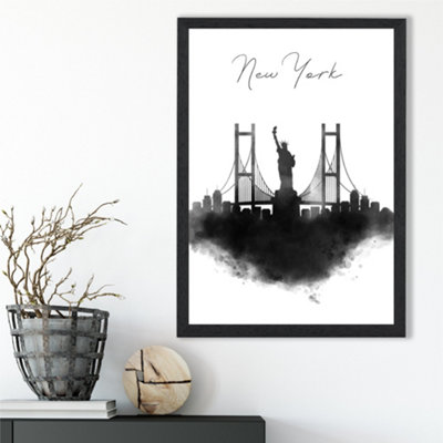 Artze Wall Art New York Watercolour Skyline City Framed Print Size: A3 With Black Frame from B&Q