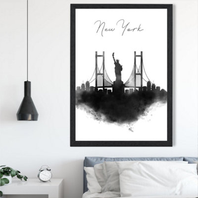 Artze Wall Art New York Watercolour Skyline City Framed Print Size: A2 With Black Frame from B&Q