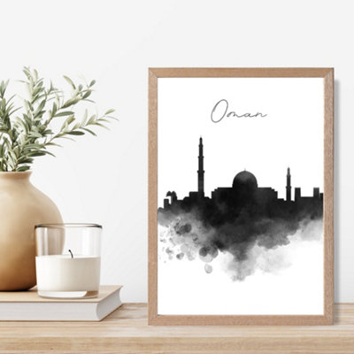 Artze Wall Art Oman Watercolour Skyline City Framed Print Size: A4 With Oak Frame from B&Q