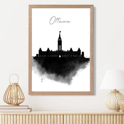 Artze Wall Art Ottawa Watercolour Skyline City Framed Print Size: A3 With Oak Frame from B&Q
