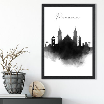 Artze Wall Art Panama Watercolour Skyline City Framed Print Size: A3 With Black Frame from B&Q