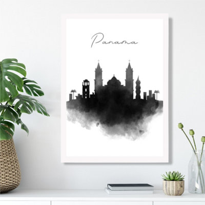 Artze Wall Art Panama Watercolour Skyline City Framed Print Size: A3 With White Frame from B&Q