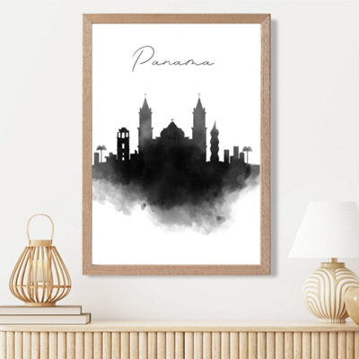 Artze Wall Art Panama Watercolour Skyline City Framed Print Size: A3 With Oak Frame from B&Q