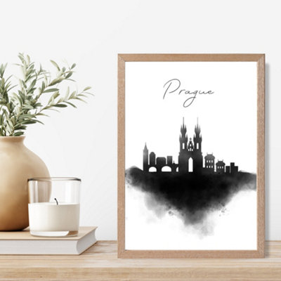 Artze Wall Art Prague Watercolour Skyline City Framed Print Size: A4 With Oak Frame from B&Q