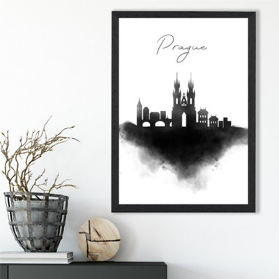 Artze Wall Art Prague Watercolour Skyline City Framed Print Size: A3 With Black Frame from B&Q