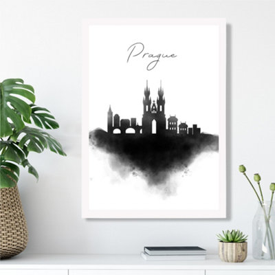 Artze Wall Art Prague Watercolour Skyline City Framed Print Size: A3 With White Frame from B&Q