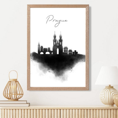 Artze Wall Art Prague Watercolour Skyline City Framed Print Size: A3 With Oak Frame from B&Q