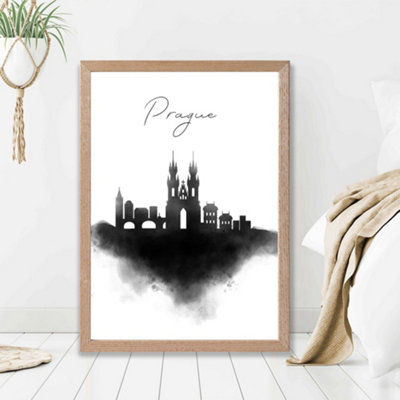 Artze Wall Art Prague Watercolour Skyline City Framed Print Size: A2 With Oak Frame from B&Q