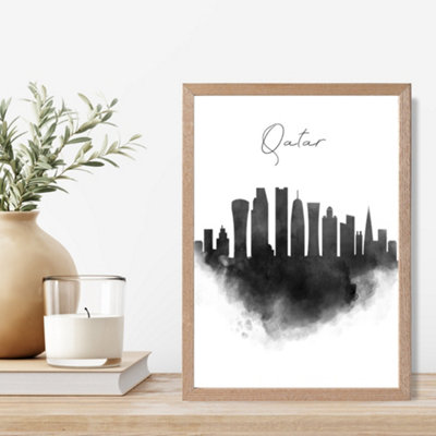 Artze Wall Art Qatar Watercolour Skyline City Framed Print Size: A4 With Oak Frame from B&Q