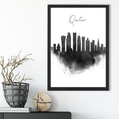 Artze Wall Art Qatar Watercolour Skyline City Framed Print Size: A3 With Black Frame from B&Q