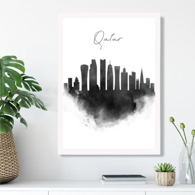 Artze Wall Art Qatar Watercolour Skyline City Framed Print Size: A3 With White Frame from B&Q