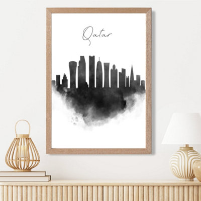 Artze Wall Art Qatar Watercolour Skyline City Framed Print Size: A3 With Oak Frame from B&Q