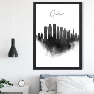 Artze Wall Art Qatar Watercolour Skyline City Framed Print Size: A2 With Black Frame from B&Q