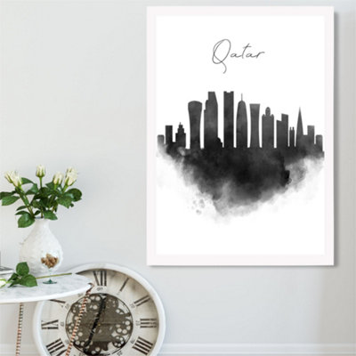 Artze Wall Art Qatar Watercolour Skyline City Framed Print Size: A2 With White Frame from B&Q