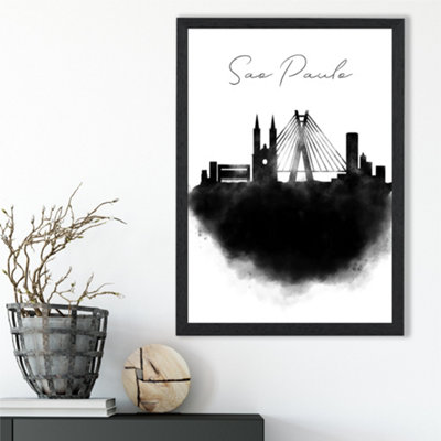 Artze Wall Art Sao Paulo Watercolour Skyline City Framed Print Size: A3 With Black Frame