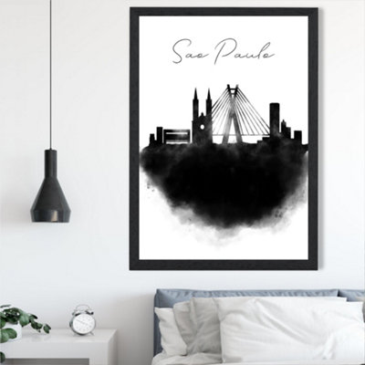 Artze Wall Art Sao Paulo Watercolour Skyline City Framed Print Size: A2 With Black Frame