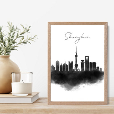 Artze Wall Art Shanghai Watercolour Skyline City Framed Print Size: A4 With Oak Frame from B&Q