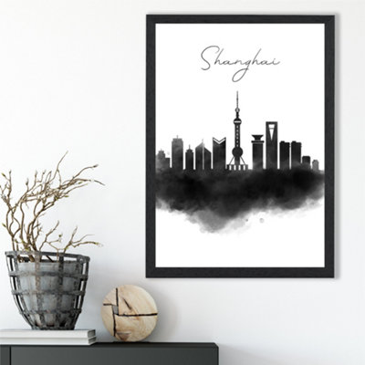 Artze Wall Art Shanghai Watercolour Skyline City Framed Print Size: A3 With Black Frame from B&Q