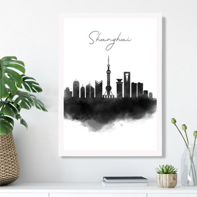 Artze Wall Art Shanghai Watercolour Skyline City Framed Print Size: A3 With White Frame from B&Q