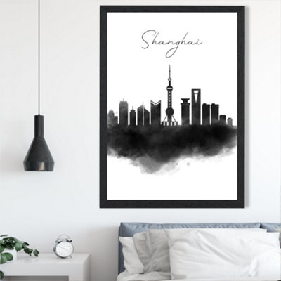 Artze Wall Art Shanghai Watercolour Skyline City Framed Print Size: A2 With Black Frame from B&Q
