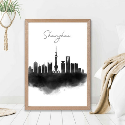 Artze Wall Art Shanghai Watercolour Skyline City Framed Print Size: A2 With Oak Frame from B&Q