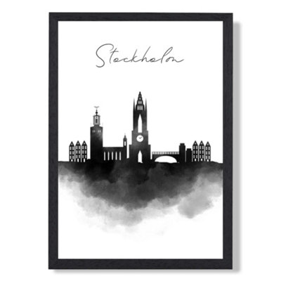 Artze Wall Art Stockholm Watercolour Skyline City Art Print With Black Frame Size: A4 from B&Q