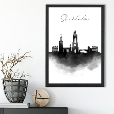 Artze Wall Art Stockholm Watercolour Skyline City Framed Print Size: A3 With Black Frame from B&Q