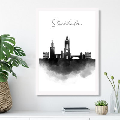 Artze Wall Art Stockholm Watercolour Skyline City Framed Print Size: A3 With White Frame from B&Q