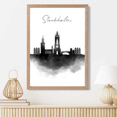Artze Wall Art Stockholm Watercolour Skyline City Framed Print Size: A3 With Oak Frame from B&Q