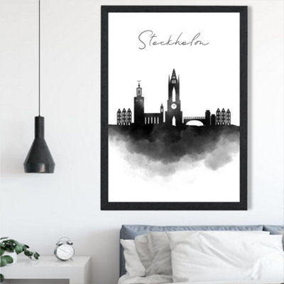 Artze Wall Art Stockholm Watercolour Skyline City Framed Print Size: A2 With Black Frame from B&Q
