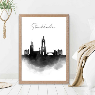 Artze Wall Art Stockholm Watercolour Skyline City Framed Print Size: A2 With Oak Frame from B&Q