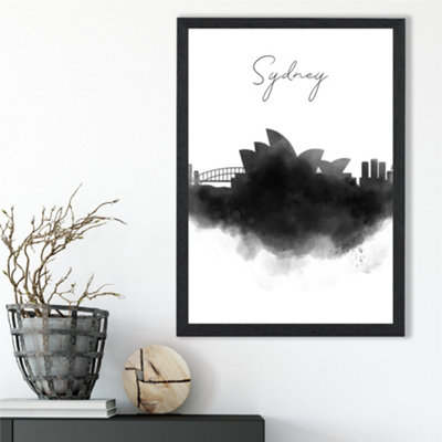 Artze Wall Art Sydney Watercolour Skyline City Framed Print Size: A3 With Black Frame from B&Q