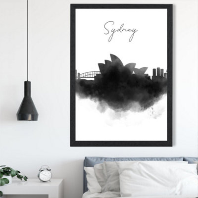 Artze Wall Art Sydney Watercolour Skyline City Framed Print Size: A2 With Black Frame from B&Q